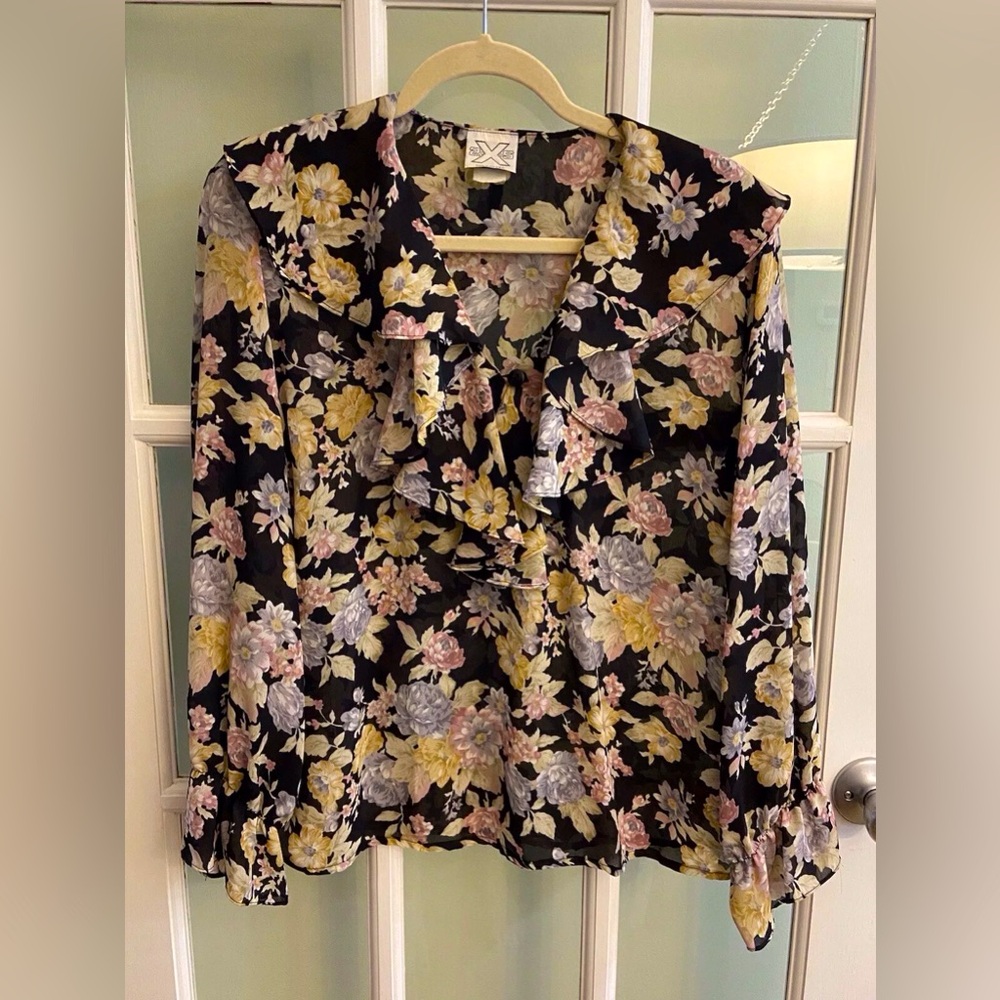 Women’s Long Sleeve Sheer Floral Print Blouse with Shoulder Pads, Size Medium